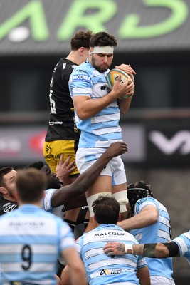 160225 - Dragons RFC v Glasgow Warriors - United Rugby Championship - Alex Samuel of Glasgow Warriors is challenged by Ryan Woodman of Dragons