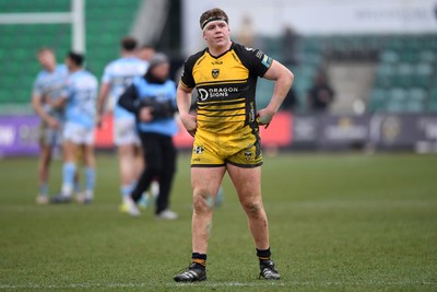 160225 - Dragons RFC v Glasgow Warriors - United Rugby Championship - Dejected Brodie Coughlan of Dragons at full time