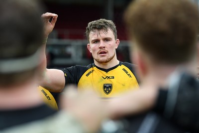 160225 - Dragons RFC v Glasgow Warriors - United Rugby Championship - Shane Lewis-Hughes of Dragons leads his sides huddle at full time