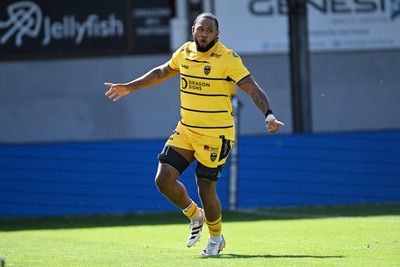 050926 - Dragons RFC v Hartpury, Preseason Friendly - Levi Douglas of Dragons celebrates scoring a try