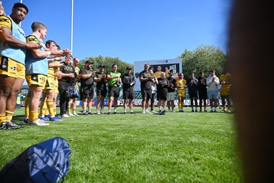 050926 - Dragons RFC v Hartpury, Preseason Friendly - Dragons huddle at full time