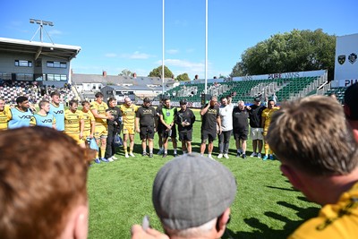 050926 - Dragons RFC v Hartpury, Preseason Friendly - Dragons huddle at full time