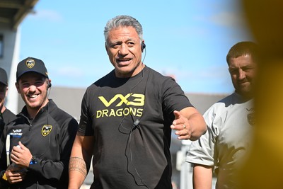 050926 - Dragons RFC v Hartpury, Preseason Friendly - Dragons head coach, Filo Tiatia leads the team huddle at full time