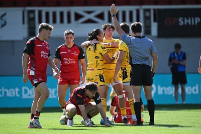 050926 - Dragons RFC v Hartpury, Preseason Friendly - Brogan Leary of Dragons scores a try