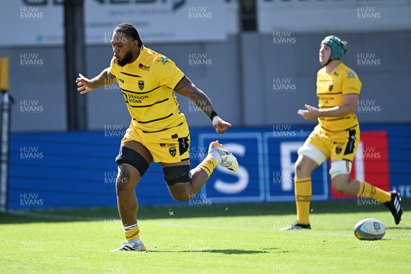 050926 - Dragons RFC v Hartpury, Preseason Friendly - Levi Douglas of Dragons celebrates scoring a try