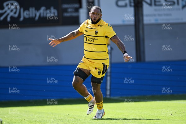 050926 - Dragons RFC v Hartpury, Preseason Friendly - Levi Douglas of Dragons celebrates scoring a try