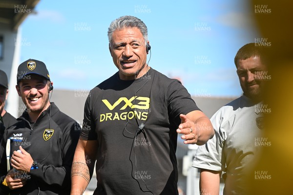 050926 - Dragons RFC v Hartpury, Preseason Friendly - Dragons head coach, Filo Tiatia leads the team huddle at full time