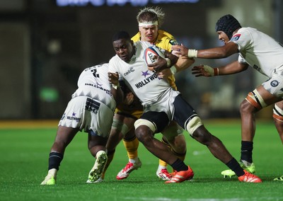 031025 - Dragons RFC v Hollywoodbets Sharks, United Rugby Championship - Emmanuel Tshituka of Hollywoodbets Sharks is held