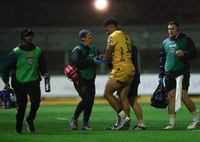 031025 - Dragons RFC v Hollywoodbets Sharks, United Rugby Championship - Fetuli Paea of Dragons leaves the pitch with an injury