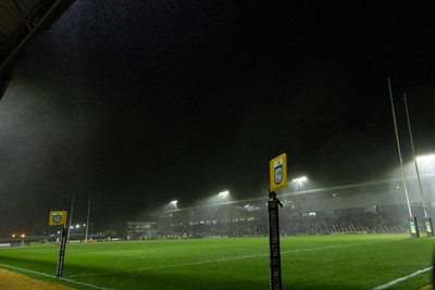 031025 - Dragons RFC v Hollywoodbets Sharks, United Rugby Championship - A general view of Rodney Parade during the match as the heavy rain comes in