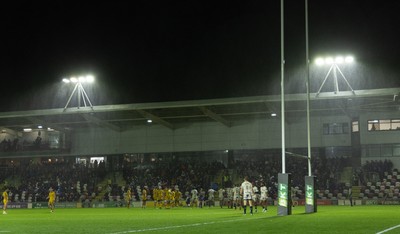 031025 - Dragons RFC v Hollywoodbets Sharks, United Rugby Championship - A general view of Rodney Parade during the match as the heavy rain comes in