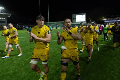 031025 - Dragons RFC v Hollywoodbets Sharks, United Rugby Championship - Ryan Woodman of Dragons and Harri Keddie of Dragons applaud the fans at the end of the match