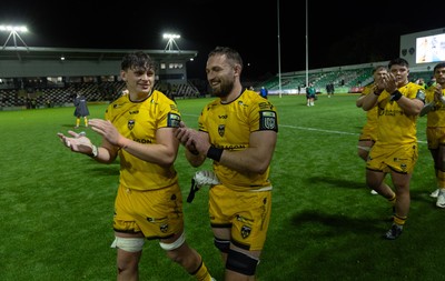 031025 - Dragons RFC v Hollywoodbets Sharks, United Rugby Championship - Ryan Woodman of Dragons and Harri Keddie of Dragons applaud the fans at the end of the match