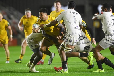 031025 - Dragons RFC v Hollywoodbets Sharks - United Rugby Championship - Fetuli Paea of Dragons is challenged by Simphiwe Matanzima of Sharks