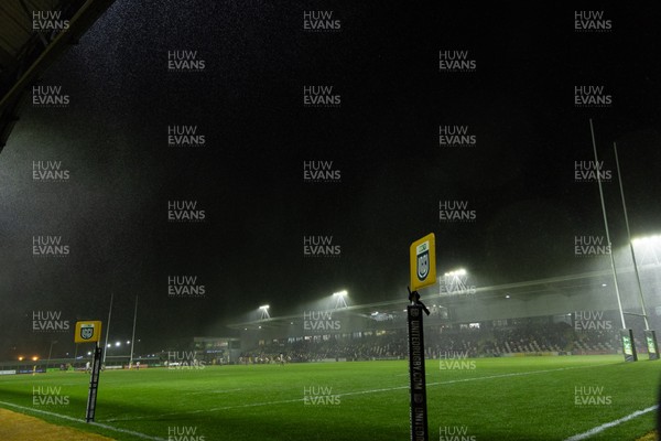 031025 - Dragons RFC v Hollywoodbets Sharks, United Rugby Championship - A general view of Rodney Parade during the match as the heavy rain comes in