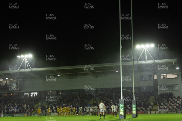 031025 - Dragons RFC v Hollywoodbets Sharks, United Rugby Championship - A general view of Rodney Parade during the match as the heavy rain comes in