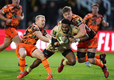 141225 - Dragons RFC v Lyon Olympique Universitaire, EPCR Challenge Cup - Iosefo Balewairiki of Lyon is tackled by Tinus de Beer of Dragons and Matthew Screech of Dragons