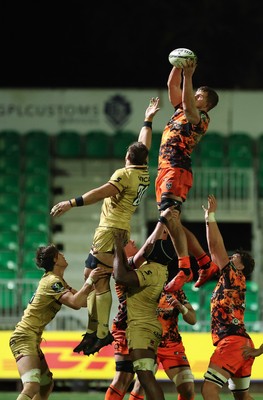 141225 - Dragons RFC v Lyon Olympique Universitaire, EPCR Challenge Cup - Shane Lewis-Hughes of Dragons wins line out