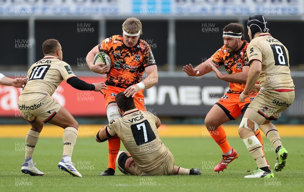 141225 - Dragons RFC v Lyon Olympique Universitaire - European Rugby Challenge Cup - Aaron Wainwright of Dragons is tackled by Beka Shvangiradze of Lyon 