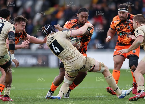141225 - Dragons RFC v Lyon Olympique Universitaire - European Rugby Challenge Cup - Levi Douglas of Dragons is tackled by Felix Lambey of Lyon 