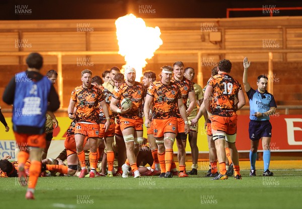 141225 - Dragons RFC v Lyon Olympique Universitaire - European Rugby Challenge Cup - Harri Keddie of Dragons celebrates scoring a try with team mates