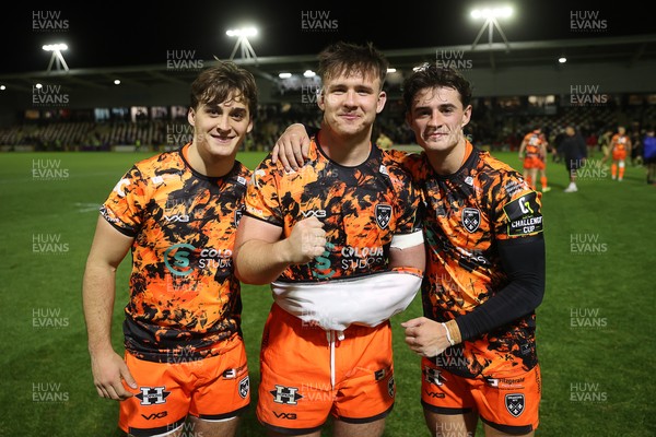 141225 - Dragons RFC v Lyon Olympique Universitaire - European Rugby Challenge Cup - Huw Anderson, Dylan Kelleher-Griffiths and Che Hope of Dragons at full time
