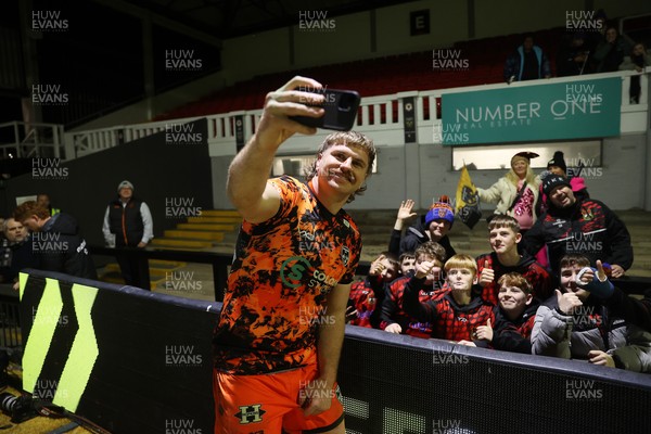 141225 - Dragons RFC v Lyon Olympique Universitaire - European Rugby Challenge Cup - Aaron Wainwright of Dragons with fans at full time