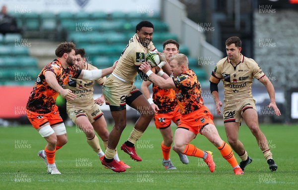 141225 - Dragons RFC v Lyon Olympique Universitaire, EPCR Challenge Cup - Thomas Young of Dragons and Tinus de Beer of Dragons combine to tackled Iosefo Balewairiki of Lyon