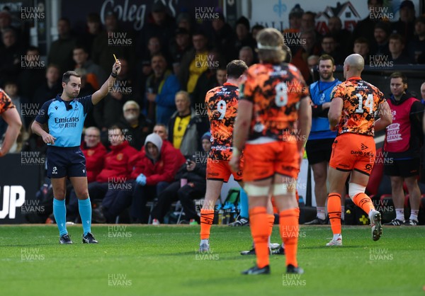 141225 - Dragons RFC v Lyon Olympique Universitaire, EPCR Challenge Cup - Jared Rosser of Dragons, right, is shown a yellow card