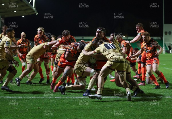 141225 - Dragons RFC v Lyon Olympique Universitaire, EPCR Challenge Cup - The Dragons power forward for Harri Keddie of Dragons to score try