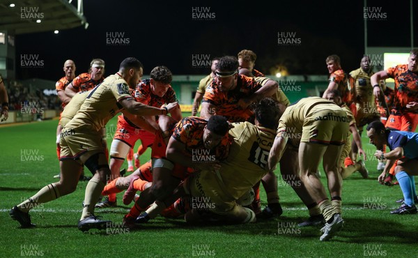 141225 - Dragons RFC v Lyon Olympique Universitaire, EPCR Challenge Cup - The Dragons power forward for Harri Keddie of Dragons to score try