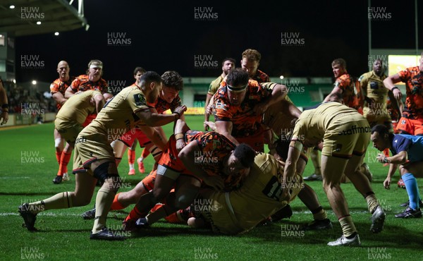 141225 - Dragons RFC v Lyon Olympique Universitaire, EPCR Challenge Cup - The Dragons power forward for Harri Keddie of Dragons to score try