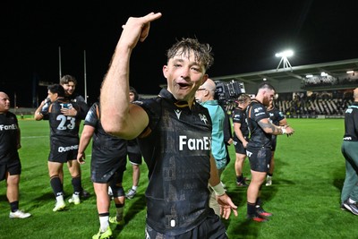 091026 - Dragons RFC v Ospreys - United Rugby Championship - Dan Edwards of Ospreys celebrates the win at full time