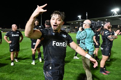 091026 - Dragons RFC v Ospreys - United Rugby Championship - Dan Edwards of Ospreys celebrates the win at full time