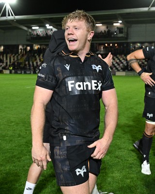 091026 - Dragons RFC v Ospreys - United Rugby Championship - Keiran Williams of Ospreys celebrates at full time