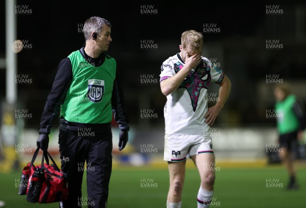 181123 - Dragons RFC v Ospreys - United Rugby Championship - Mat Protheroe of Ospreys leaves the field after being given a red card by Referee Ben Whitehouse 