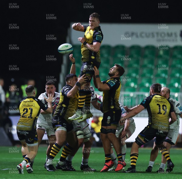 181123 - Dragons RFC v Ospreys, BKT United Rugby Championship - Matthew Screech of Dragons wins the line out