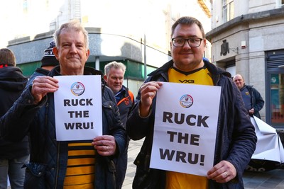 251025 - Dragons RFC v Ospreys - United Rugby Championship - Supporters of Dragons and Ospreys join together on a protest march through Newport centre before the game