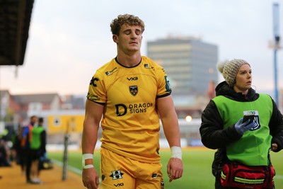 251025 - Dragons RFC v Ospreys - United Rugby Championship - Joe Westwood of Dragons leaves the field injured after 6 minutes