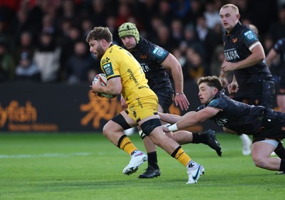 251025 - Newport RFC v Ospreys, United Rugby Championship - Thomas Young of Dragons breaks away