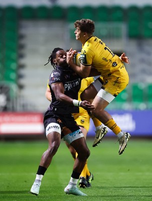 251025 - Newport RFC v Ospreys, United Rugby Championship - Huw Anderson of Dragons wins the ball from Dan Kasende of Ospreys