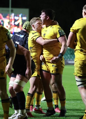 251025 - Newport RFC v Ospreys, United Rugby Championship - Oli Burrows of Dragons celebrates after he powers over to score try