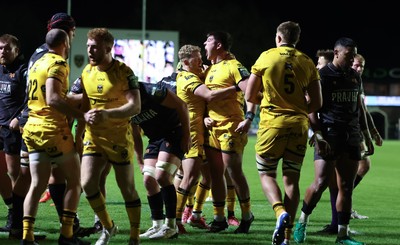 251025 - Newport RFC v Ospreys, United Rugby Championship - Oli Burrows of Dragons celebrates after he powers over to score try