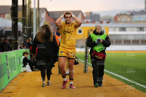 251025 - Dragons RFC v Ospreys - United Rugby Championship - Joe Westwood of Dragons leaves the field injured after 6 minutes