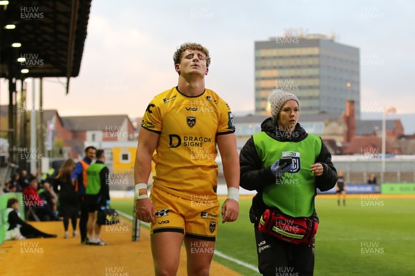 251025 - Dragons RFC v Ospreys - United Rugby Championship - Joe Westwood of Dragons leaves the field injured after 6 minutes