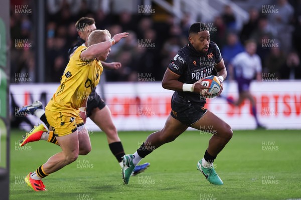 251025 - Newport RFC v Ospreys, United Rugby Championship - Phil Cokanasiga of Ospreys races in to score try