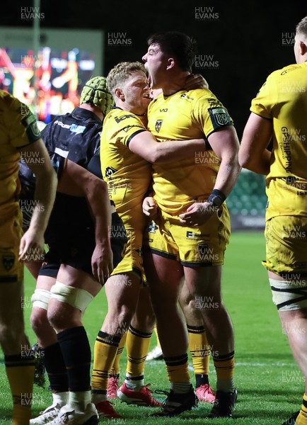 251025 - Newport RFC v Ospreys, United Rugby Championship - Oli Burrows of Dragons celebrates after he powers over to score try