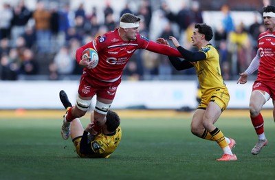 010126 - Dragons RFC v Scarlets - United Rugby Championship - Taine Plumtree of Scarlets is tackled by  Ewan Rosser and Che Hope of Dragons 