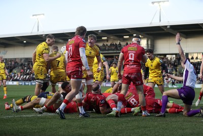 010126 - Dragons RFC v Scarlets - United Rugby Championship - Ollie Burrows of Dragons scores a try