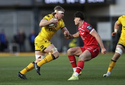 010126 - Dragons RFC v Scarlets - United Rugby Championship - Aaron Wainwright of Dragons is challenged by Eddie James of Scarlets 